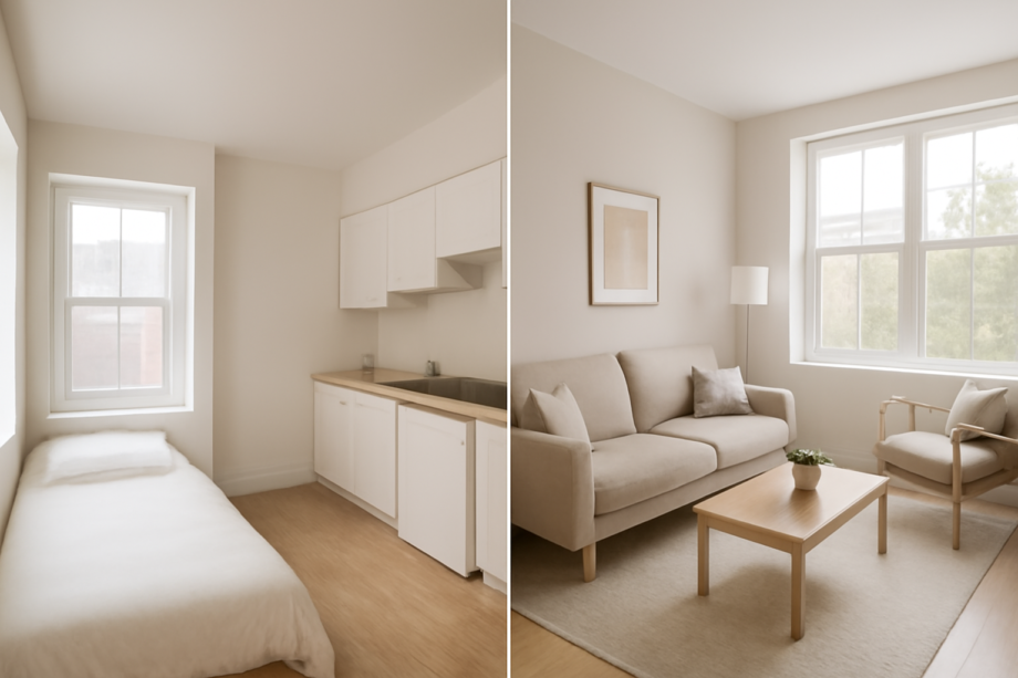 Perbandingan interior apartemen studio dan apartemen dua kamar yang disewakan