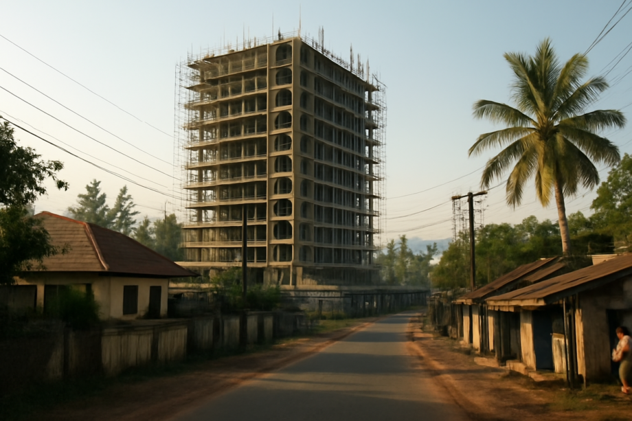 Proyek apartemen baru yang sedang dibangun di kawasan hunian perkotaan tropis