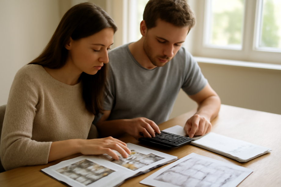 Pasangan muda membandingkan brosur properti dan menghitung arus kas di meja